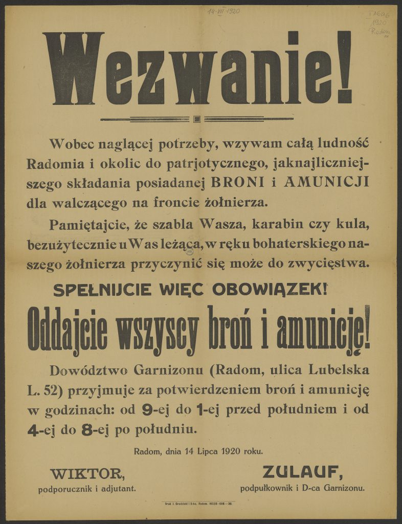 ulotka z powiększonym hasłem Spełnijcie więc obowiązek, oddajcie wszyscy broń i amunicję