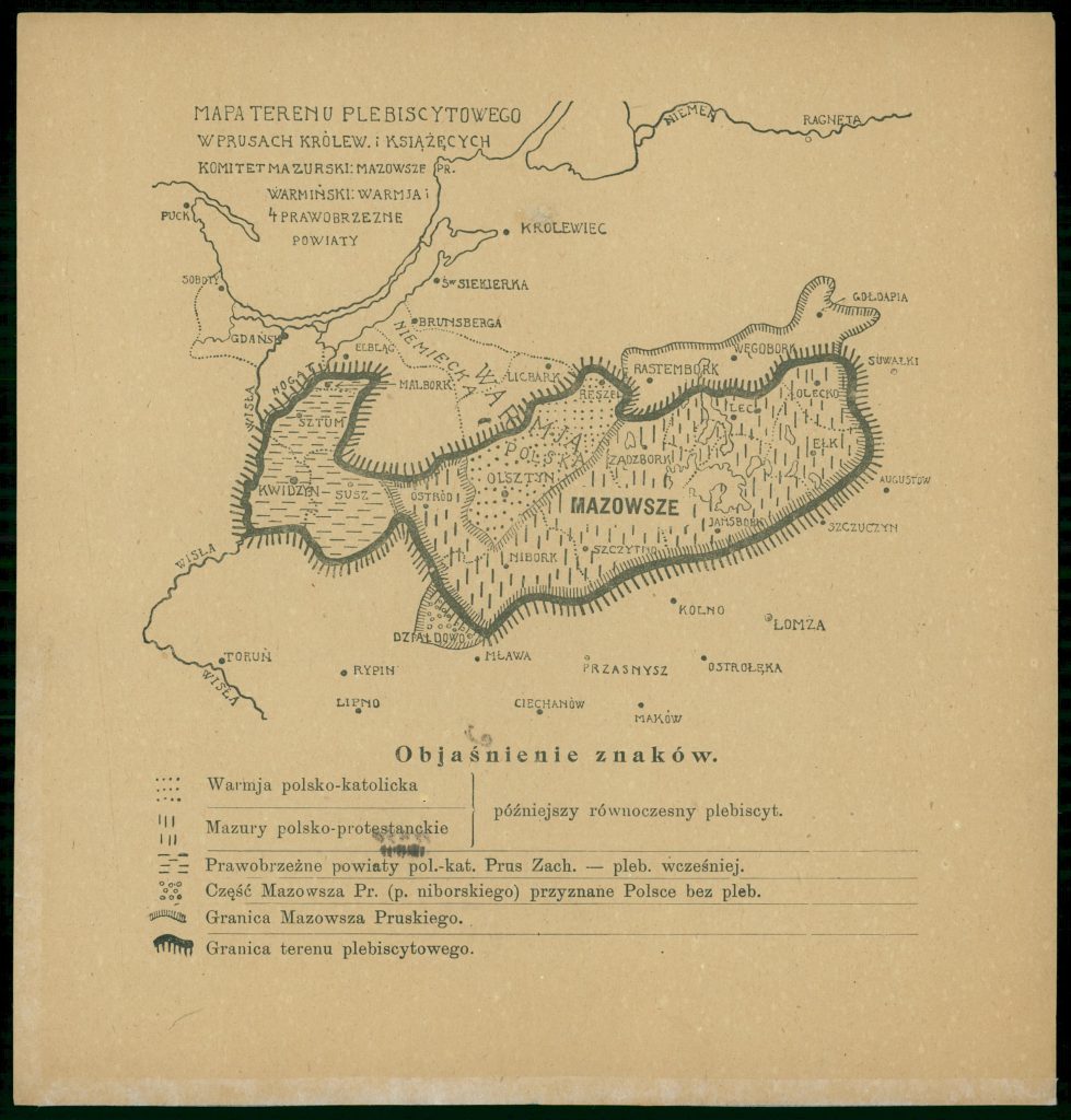 stara mapa warmii i mazur z zaznaczonymi terenami plebiscytowymi