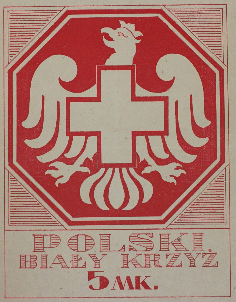 znaczek pocztowy z białym krzyżem wpisanym w orła i napisem polski biały krzyż i ceną 5 marek