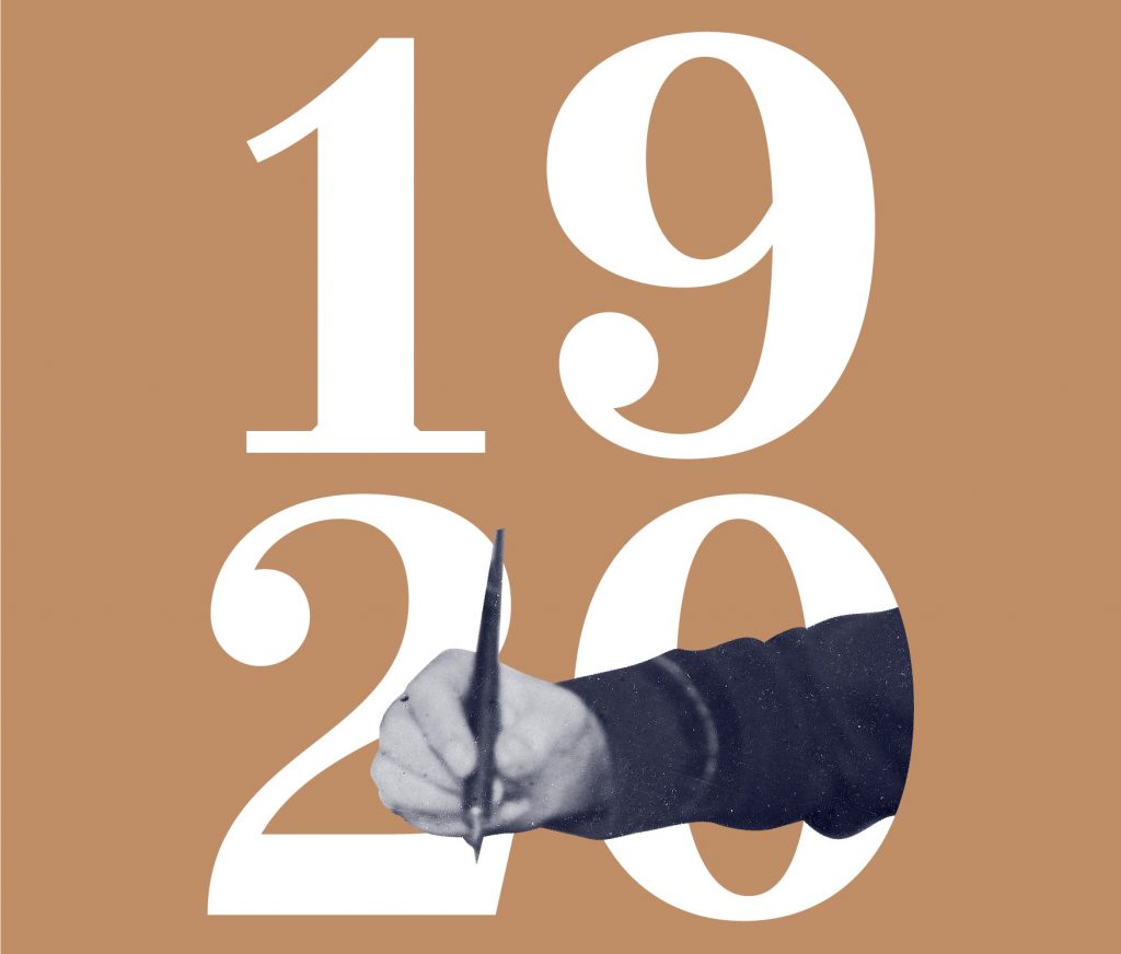 baner z napisem 1920 i piszącą rączką