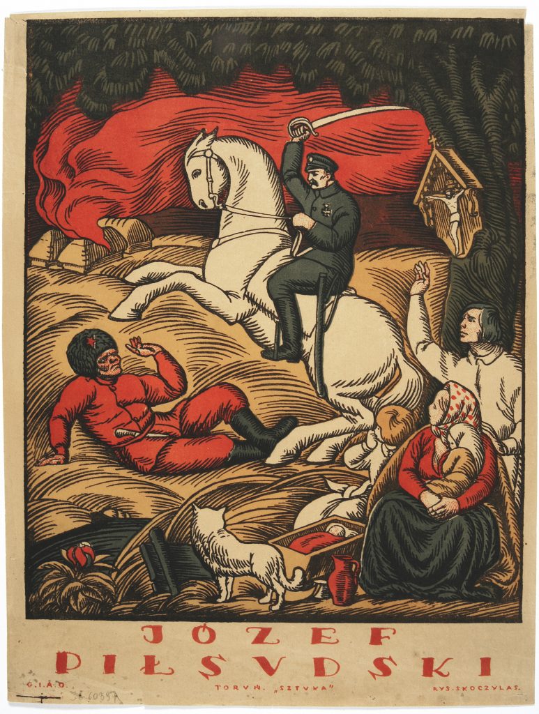plakat z Piłsudskim na koniu bijącym czerwonego bolszewika, chroniącym rodzinę z małymi dziećmi
