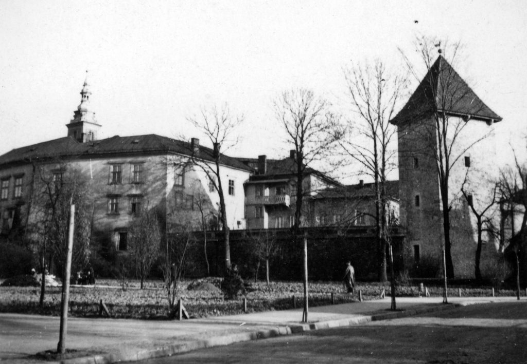widok na zamek żupny w wieliczce, na pierwszym planie park