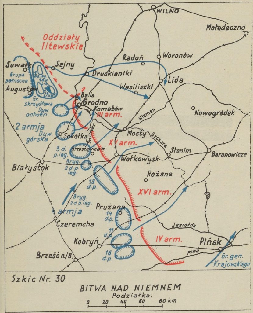 mapa okolic Grodna z zaznaczonymi miejscowościami - na czerwono bolszewiy, na niebiesko wojska polskie