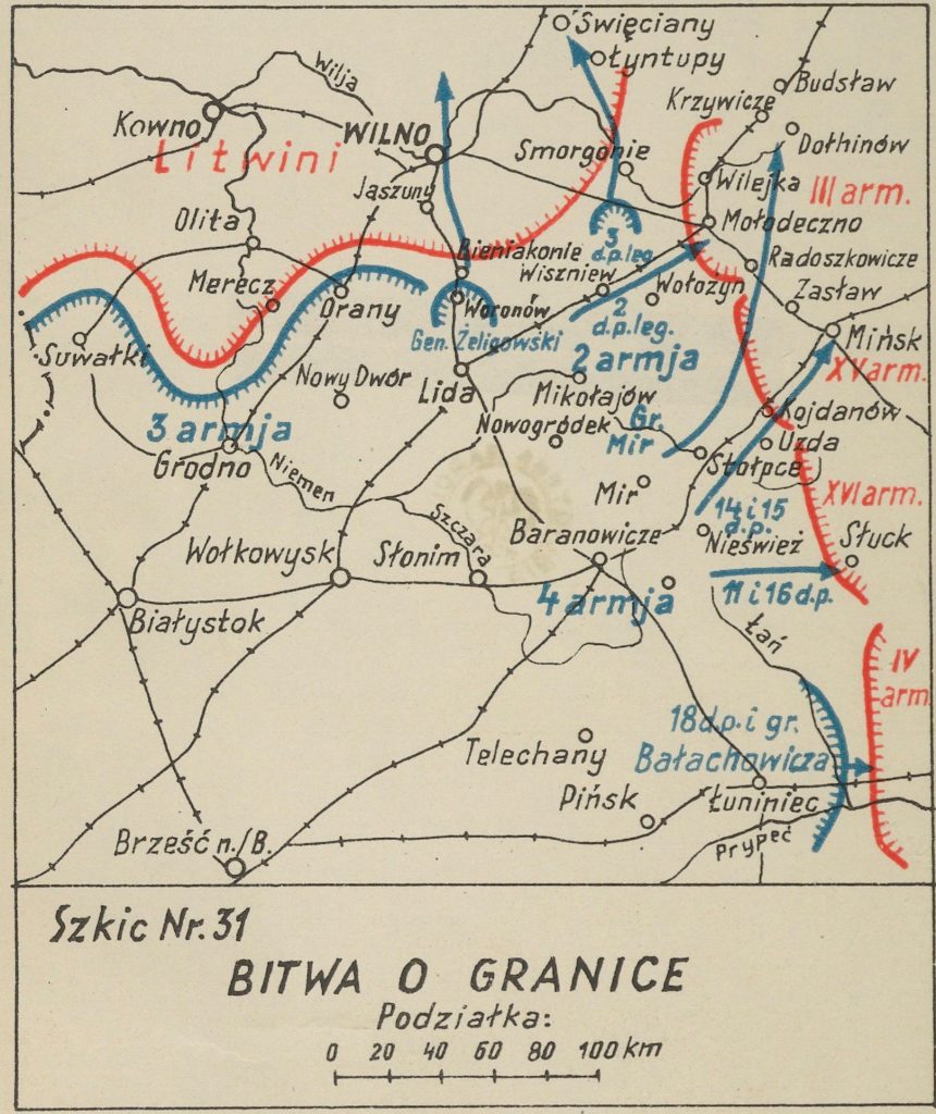 mapa okolic Wilna z zaznaczonymi miejscowościami - na czerwono bolszewiy, na niebiesko wojska polskie
