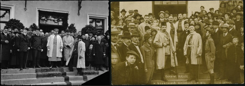 po lewej fotografia józefa Piłsudskiego na schodach przed wejściem do budynku, dookoła ludzie. Po prawej analogiczna fotografia, ale tym razem w centrum jest Haller