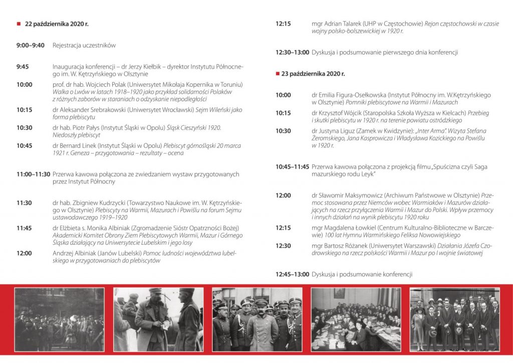 program konferencji naukowej z rozpisanymi referatami i ich autorami, na dole pasek ze starymi zdjęciami