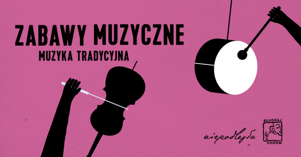 fioletowy plakat z czarnymi konturami instrumentów