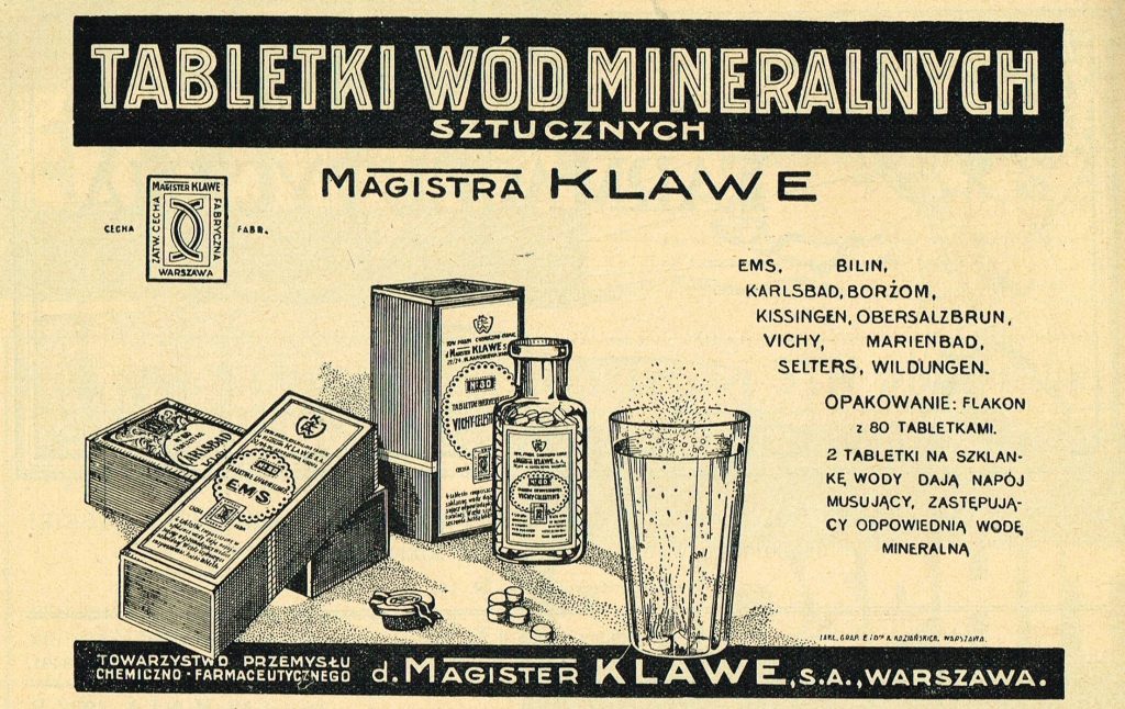 reklama drukowana tabletek wód mineralnych z graficznym przedstawieniem preparatu i krótkim opisem