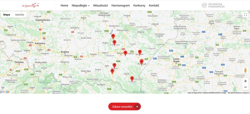 screen ze strony internetowej z mapą z zaznaczonymi punktami