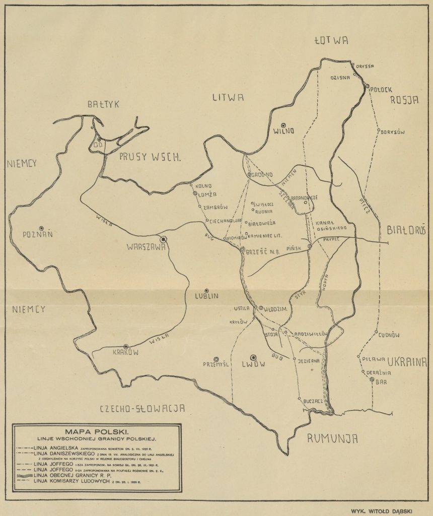 mapa II rp z zaznaczonymi różnymi liniami rozważanymi wariantami granicy wschodniej
