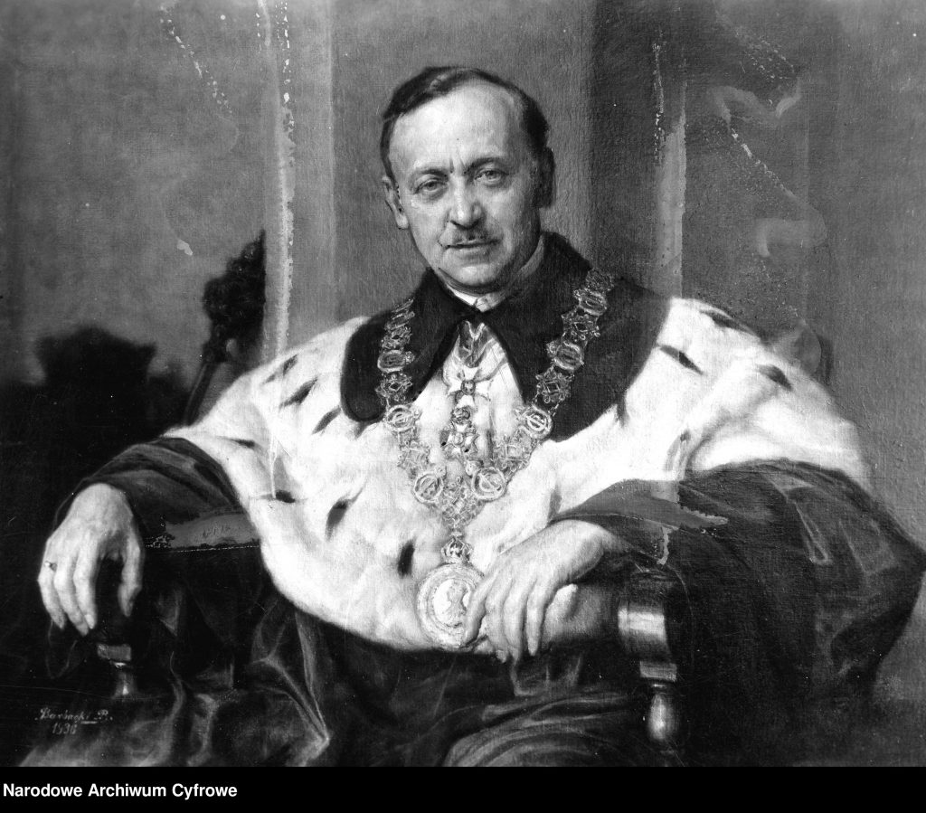 portret mężczyzny w ozdobnym stroju rektorskim w todze z futrem i łańcuchem na szyi