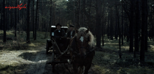 dwaj mężczyźni na wozie ciągniętym przez konia