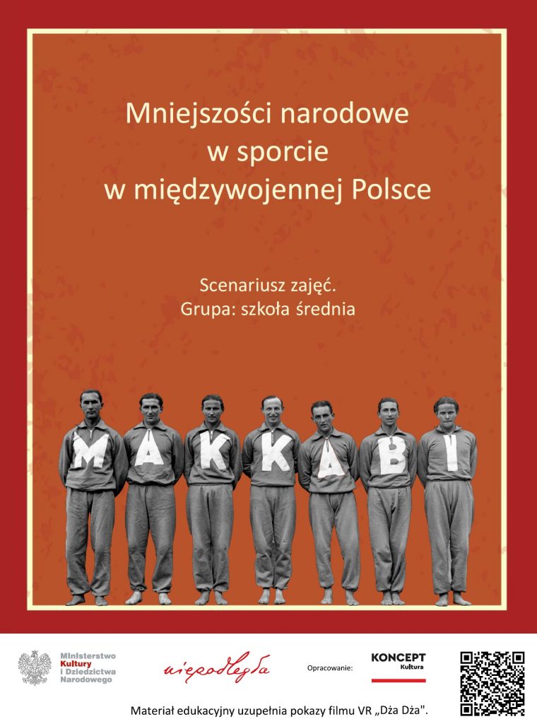 pierwsza strona z wyciętą ze starego zdjęcia grupą 7 osób, których koszulki układają się w napis Makabi, tytułem i logami