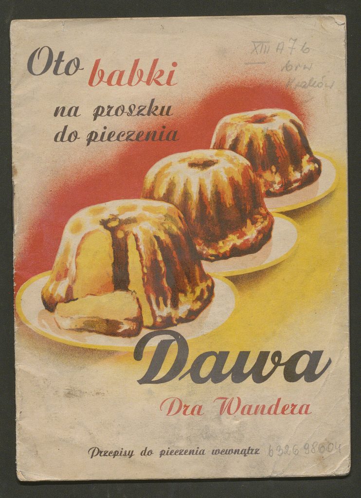 reklama rysunkowa z trzema upieczonymi babkami i nazwą produktu