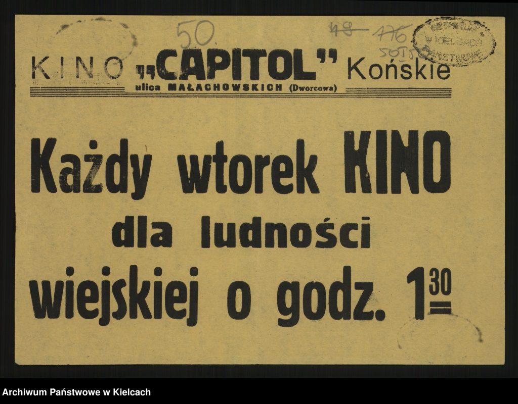 Afisz - kino "Capitol" Końskie - Każdy wtorek tylko dla ludności wiejskiej o godz. 12.30