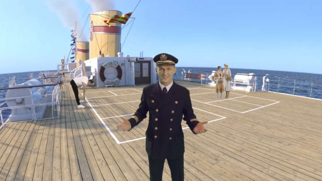 Grafika promująca projekt. Na pokładzie płynącego statku kapitan w geście zapraszającym do zwiedzania transatlantyku. Dookoła morze.